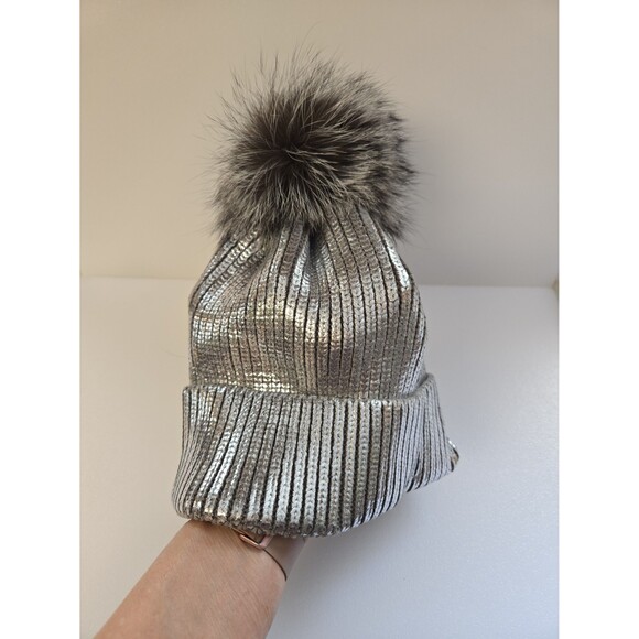 NEW Adrienne Landau Silver Metallic Beanie Hat Womens Real Fox Fur Pom Pom Bling main image 7